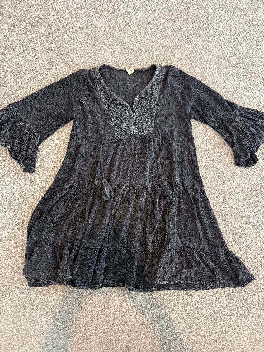 Riviera Sun Bohemian Acid Wash Tiered Babydoll Tunic Dress with Crochet Detail